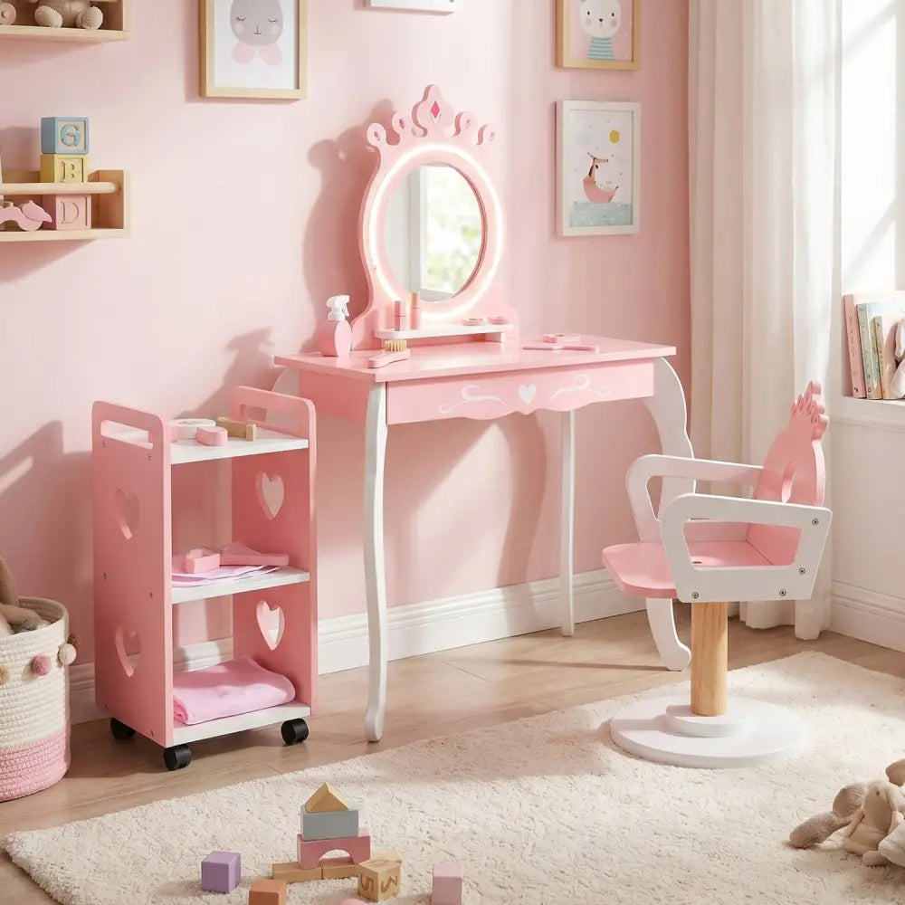 Kids Hair Salon Play Set with LED Lighted Mirror Wooden Pretend Hair Salon Station with Swivel Barber Chair-Pink - Pink