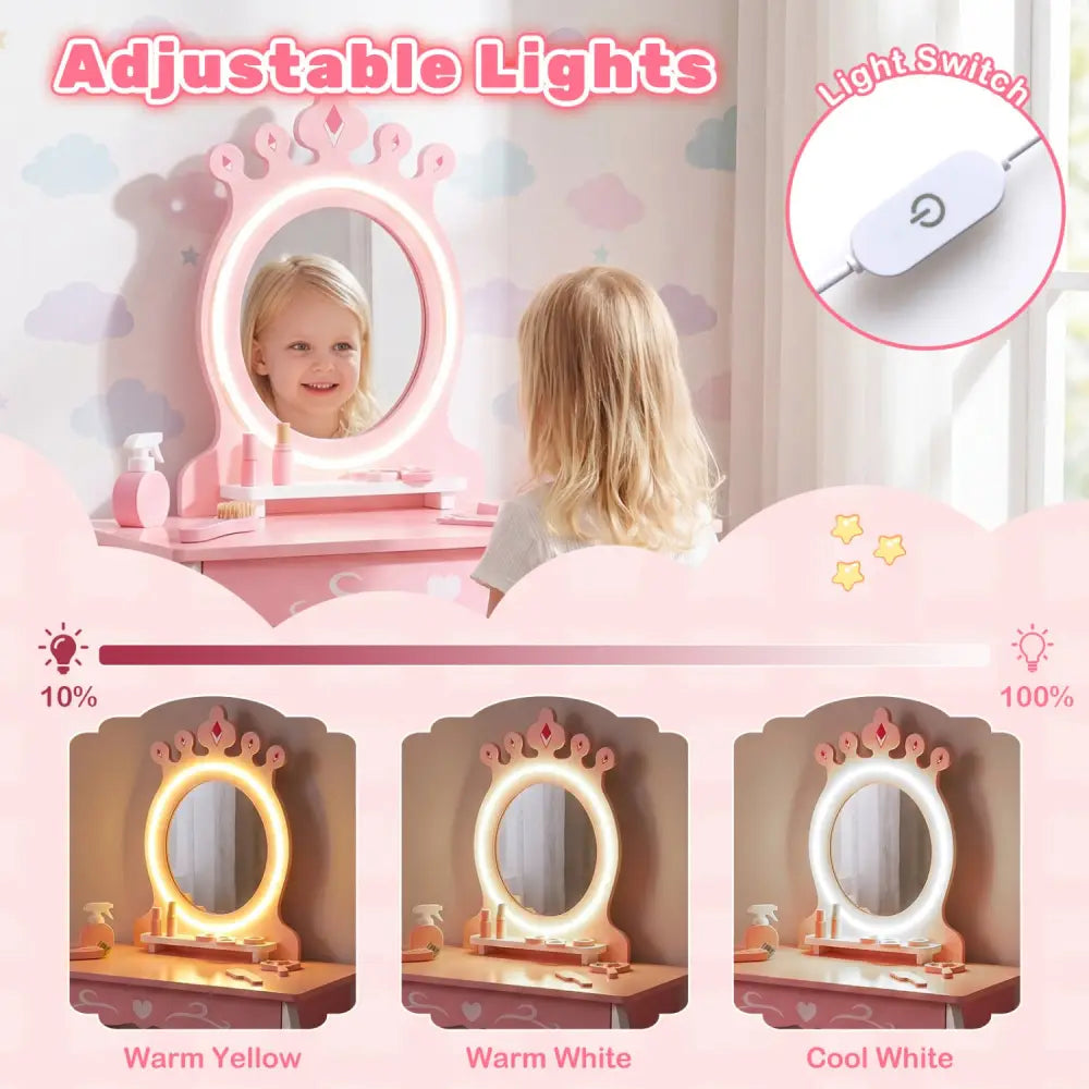 Kids Hair Salon Play Set with LED Lighted Mirror Wooden Pretend Hair Salon Station with Swivel Barber Chair-Pink - Pink