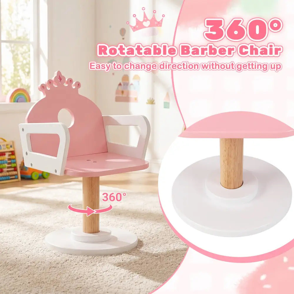 Kids Hair Salon Play Set with LED Lighted Mirror Wooden Pretend Hair Salon Station with Swivel Barber Chair-Pink - Pink