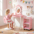 Kids Hair Salon Play Set with LED Lighted Mirror Wooden Pretend Hair Salon Station with Swivel Barber Chair-Pink - Pink