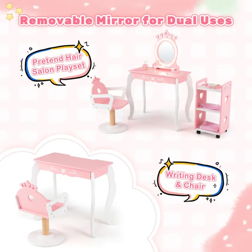 Kids Hair Salon Play Set with LED Lighted Mirror Wooden Pretend Hair Salon Station with Swivel Barber Chair-Pink - Pink