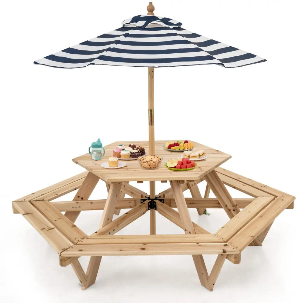 Kids Hexagonal Picnic Table with Adjustable Umbrella and Chairs-Natural - Natural - Kids Table & Chair Sets