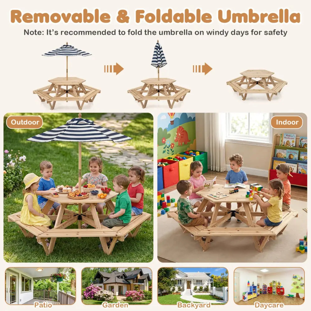 Kids Hexagonal Picnic Table with Adjustable Umbrella and Chairs-Natural - Natural - Kids Table & Chair Sets