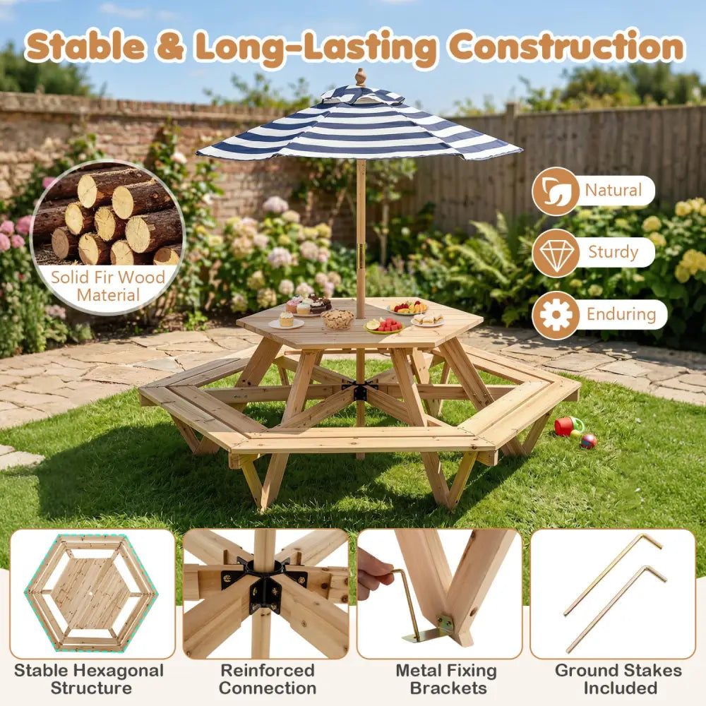 Kids Hexagonal Picnic Table with Adjustable Umbrella and Chairs-Natural - Natural - Kids Table & Chair Sets