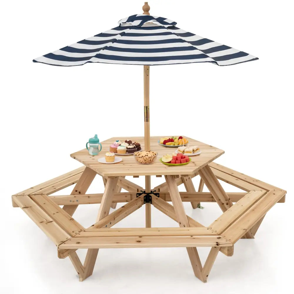 Kids Hexagonal Picnic Table with Adjustable Umbrella and Chairs-Natural - Natural - Kids Table & Chair Sets