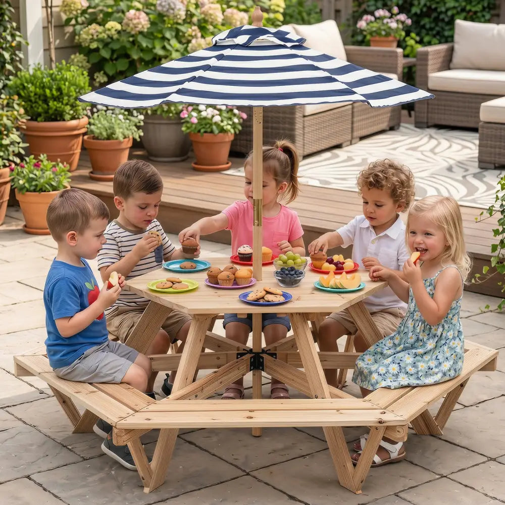 Kids Hexagonal Picnic Table with Adjustable Umbrella and Chairs-Natural - Natural - Kids Table & Chair Sets
