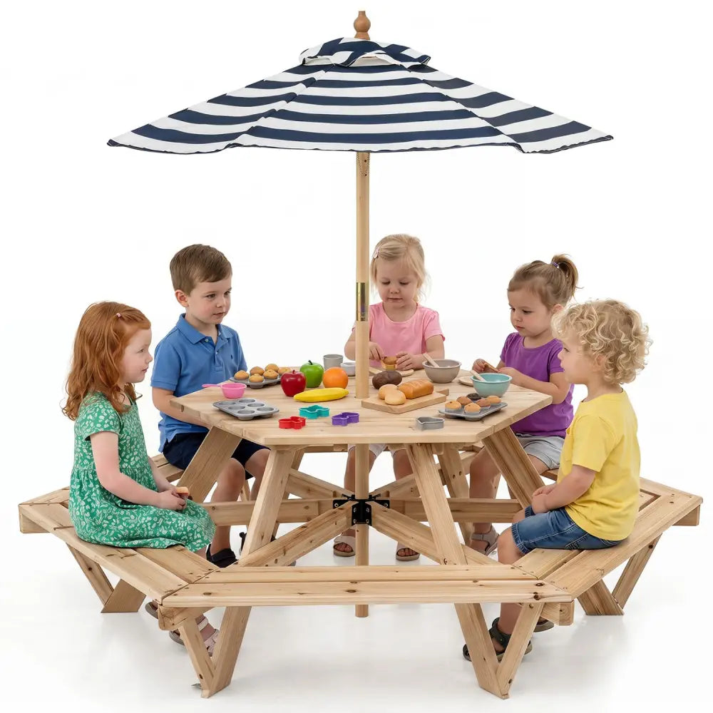 Kids Hexagonal Picnic Table with Adjustable Umbrella and Chairs-Natural - Natural - Kids Table & Chair Sets