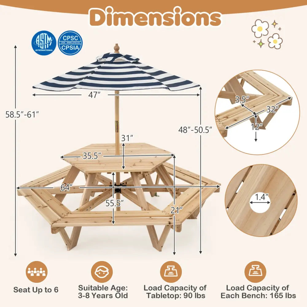 Kids Hexagonal Picnic Table with Adjustable Umbrella and Chairs-Natural - Natural - Kids Table & Chair Sets