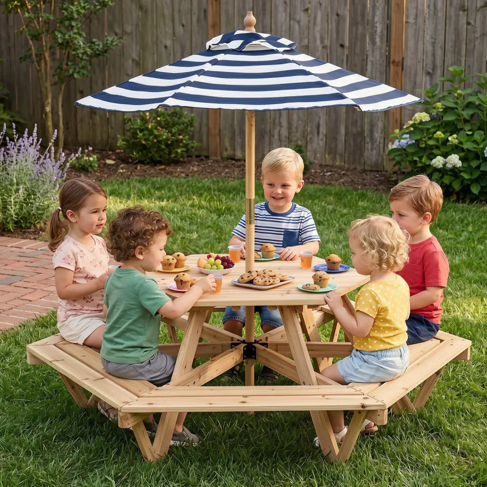 Kids Hexagonal Picnic Table with Adjustable Umbrella and Chairs-Natural - Natural - Kids Table & Chair Sets