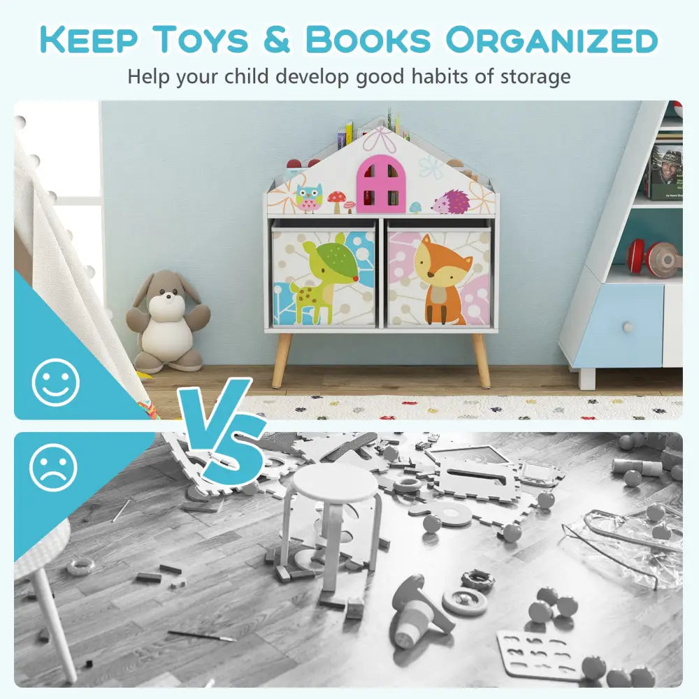 Kids House-shaped Bookshelf with 2 Storage Bins for Kids Room Playroom-White - White - Kids Storage
