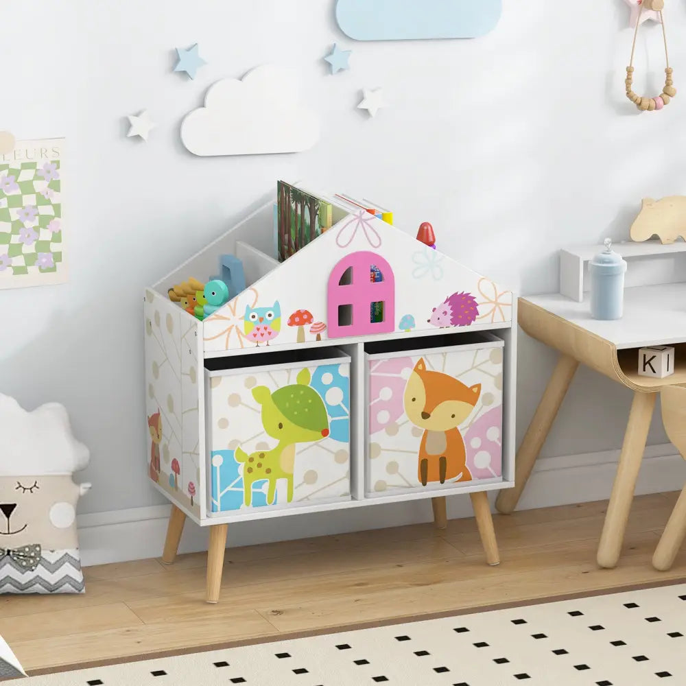 Kids House-shaped Bookshelf with 2 Storage Bins for Kids Room Playroom-White - White - Kids Storage
