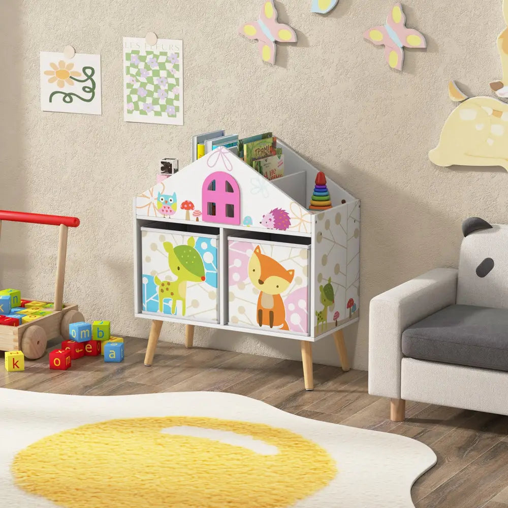 Kids House-shaped Bookshelf with 2 Storage Bins for Kids Room Playroom-White - White - Kids Storage