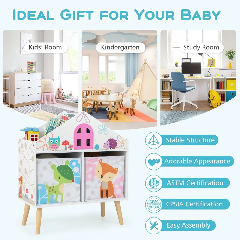Kids House-shaped Bookshelf with 2 Storage Bins for Kids Room Playroom-White - White - Kids Storage