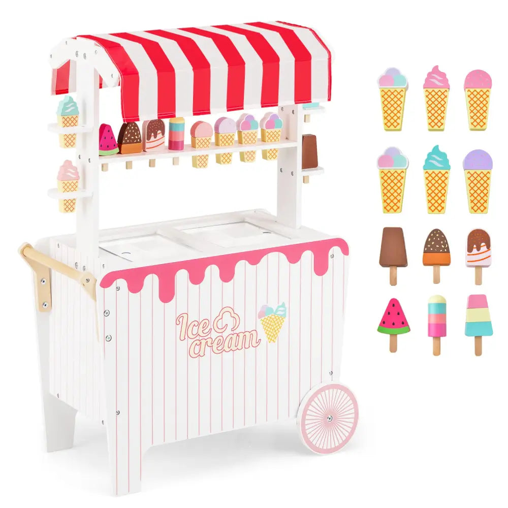 Kids Ice Cream Cart Playset with Display Rack and Accessories-Red - Red - Play Kitchen Sets
