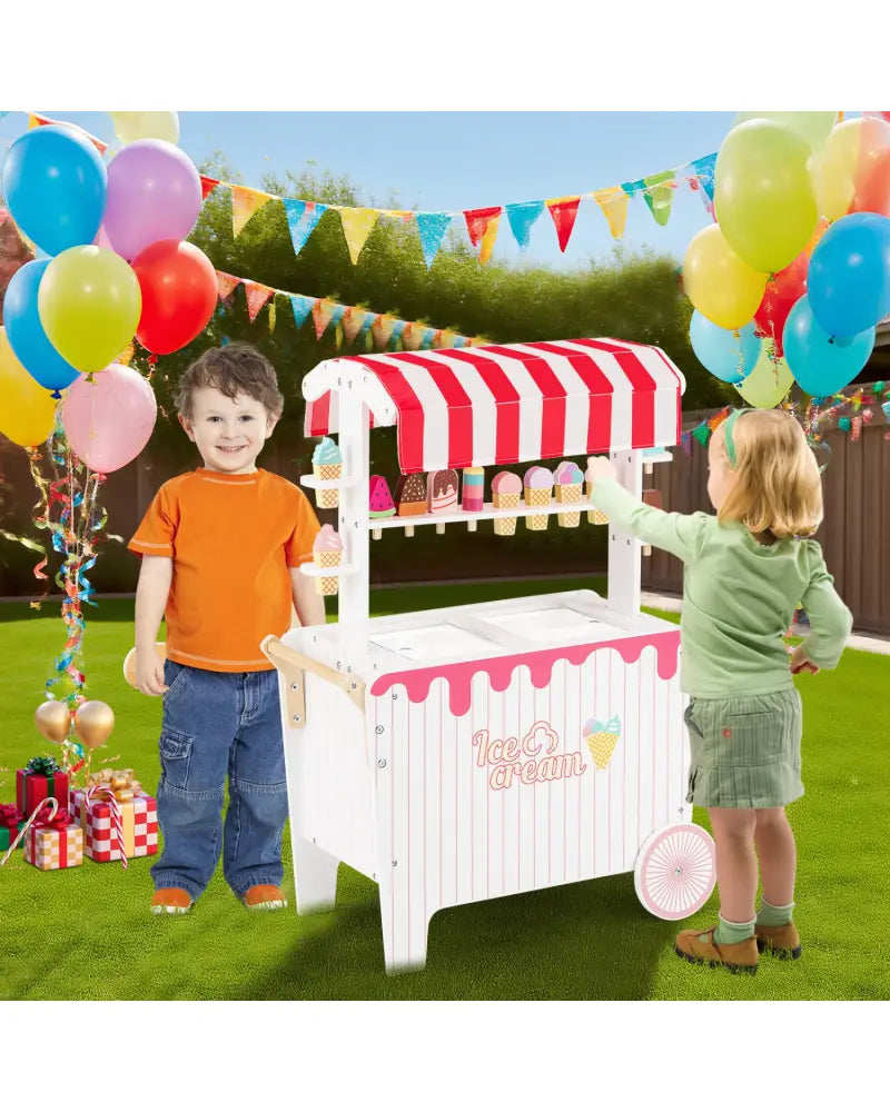 Kids Ice Cream Cart Playset with Display Rack and Accessories-Red - Red - Play Kitchen Sets
