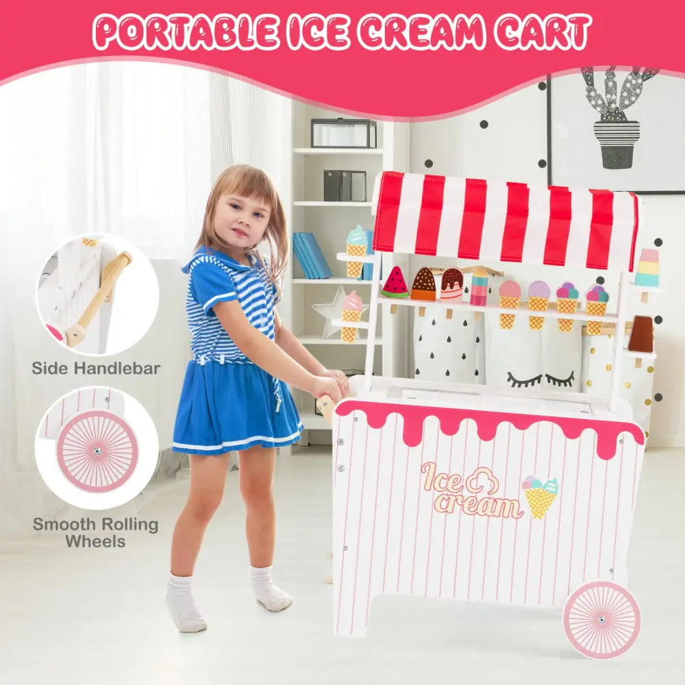 Kids Ice Cream Cart Playset with Display Rack and Accessories-Red - Red - Play Kitchen Sets