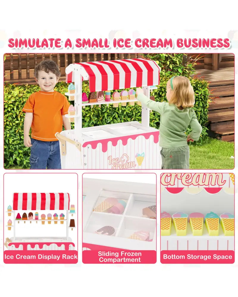 Kids Ice Cream Cart Playset with Display Rack and Accessories-Red - Red - Play Kitchen Sets