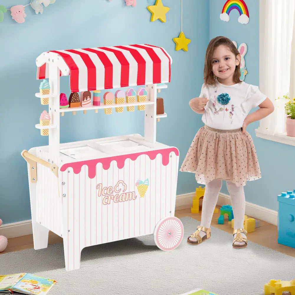Kids Ice Cream Cart Playset with Display Rack and Accessories-Red - Red - Play Kitchen Sets