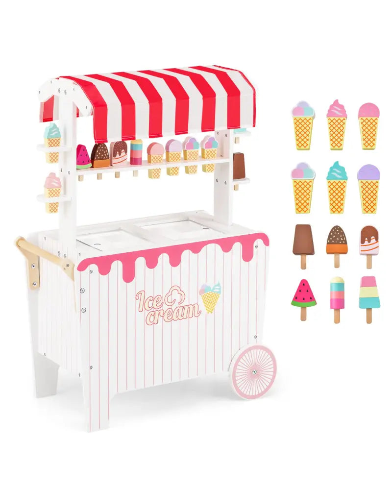 Kids Ice Cream Cart Playset with Display Rack and Accessories-Red - Red - Play Kitchen Sets