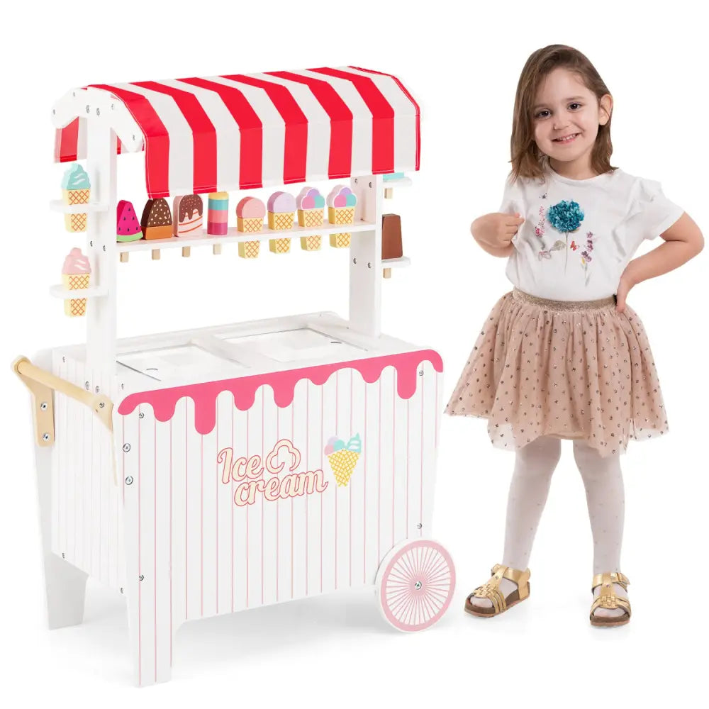 Kids Ice Cream Cart Playset with Display Rack and Accessories-Red - Red - Play Kitchen Sets