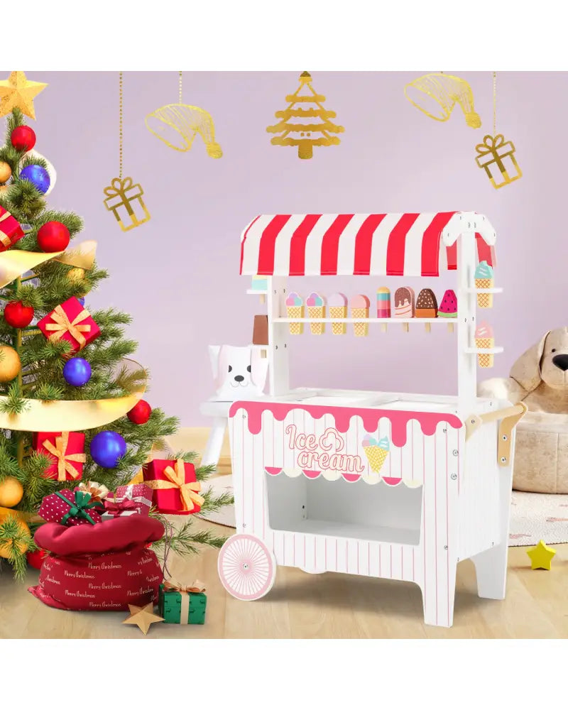 Kids Ice Cream Cart Playset with Display Rack and Accessories-Red - Red - Play Kitchen Sets