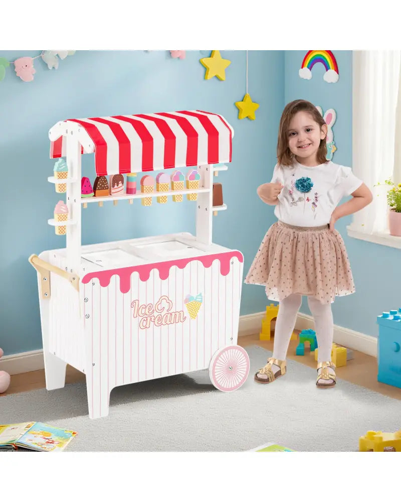Kids Ice Cream Cart Playset with Display Rack and Accessories-Red - Red - Play Kitchen Sets