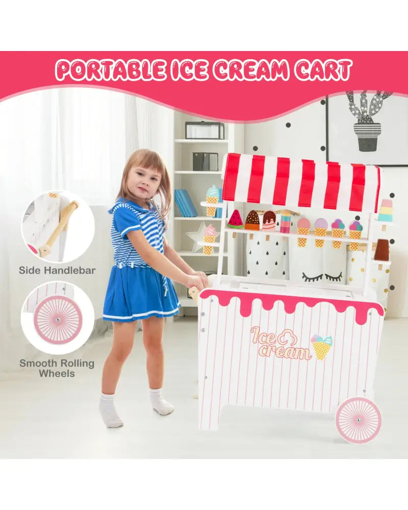 Kids Ice Cream Cart Playset with Display Rack and Accessories-Red - Red - Play Kitchen Sets