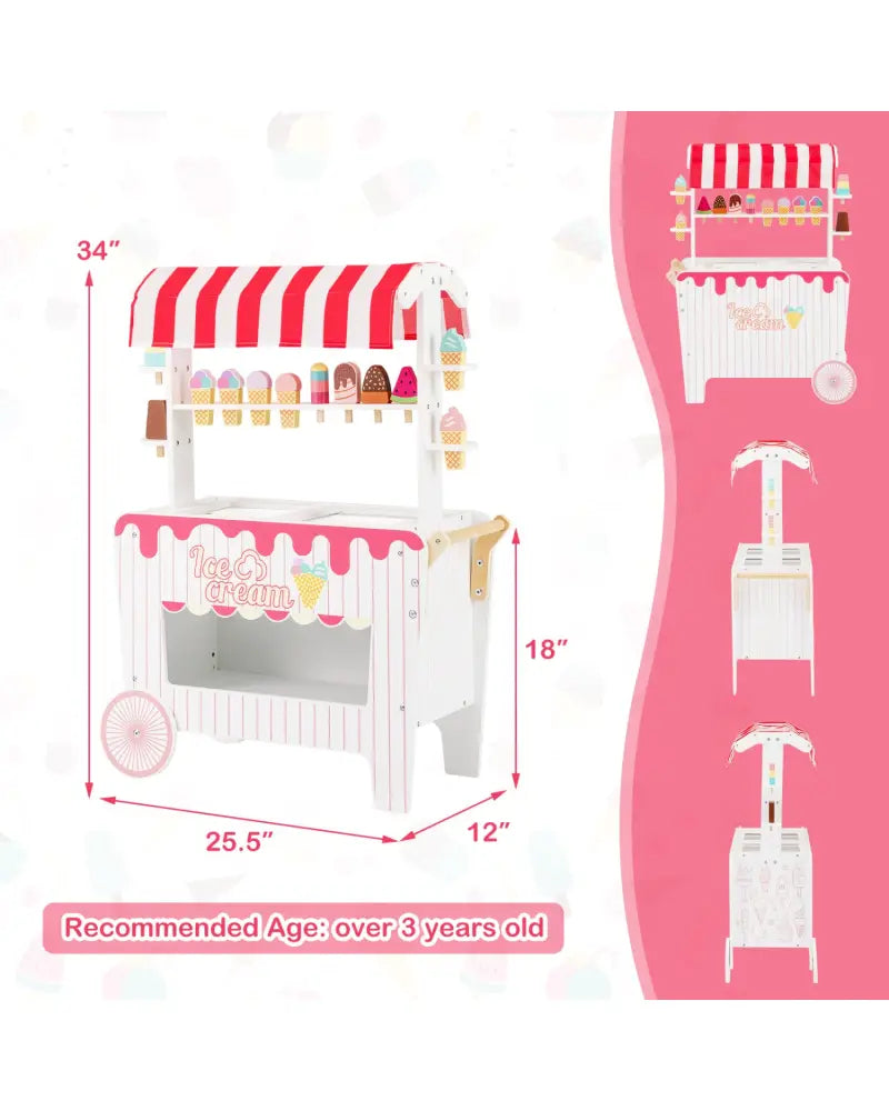 Kids Ice Cream Cart Playset with Display Rack and Accessories-Red - Red - Play Kitchen Sets