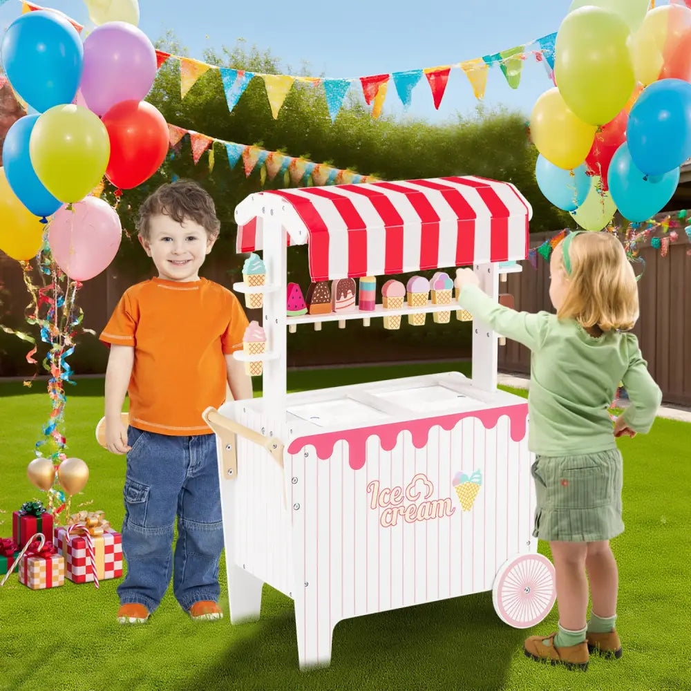 Kids Ice Cream Cart Playset with Display Rack and Accessories-Red - Red - Play Kitchen Sets