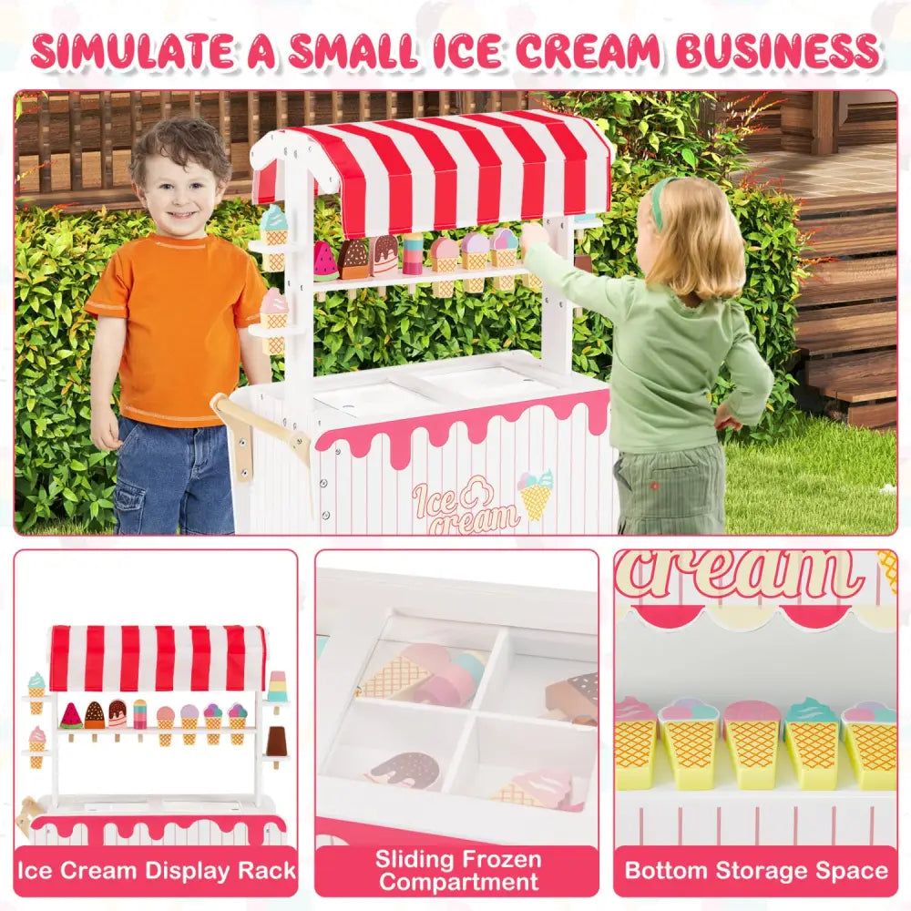 Kids Ice Cream Cart Playset with Display Rack and Accessories-Red - Red - Play Kitchen Sets
