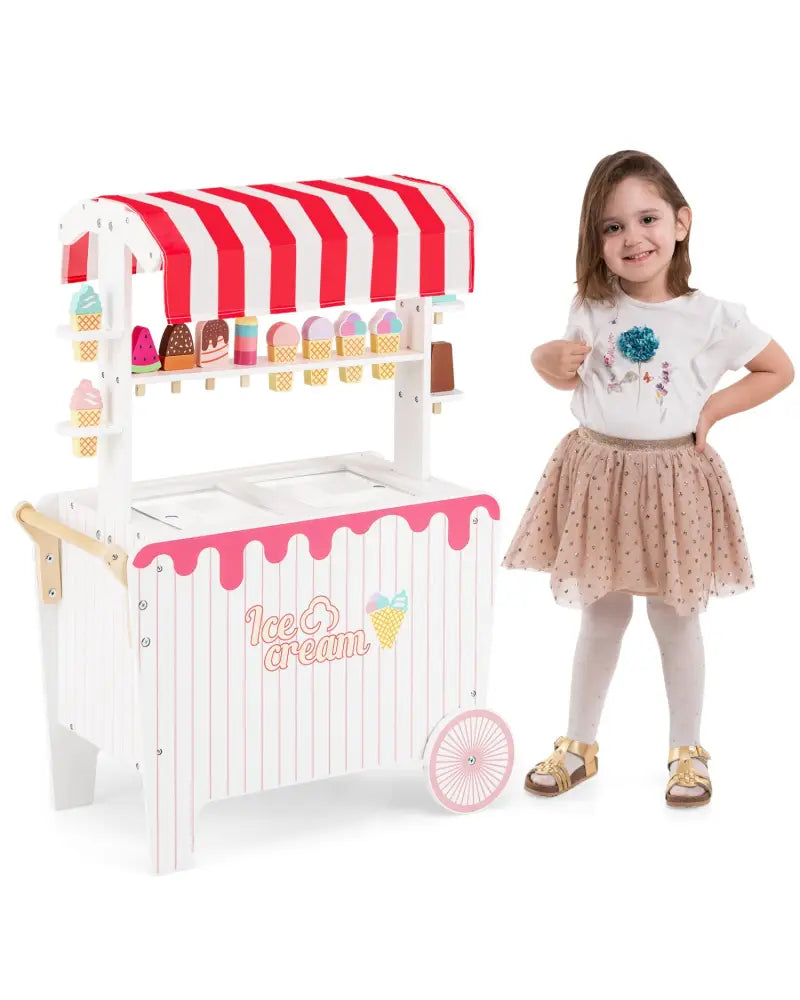 Kids Ice Cream Cart Playset with Display Rack and Accessories-Red - Red - Play Kitchen Sets