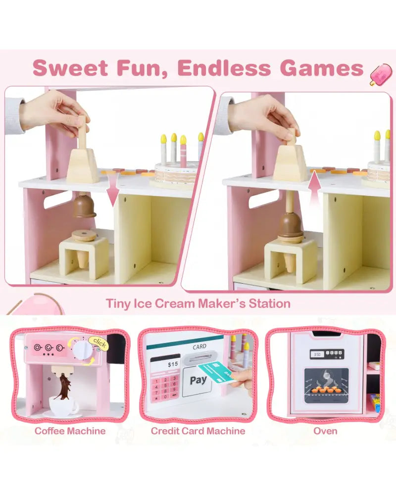 Kids Ice Cream Shop with 27 Accessories and Ice Cream Machine for Ages 3+-Pink - Pink - Play Kitchen Sets