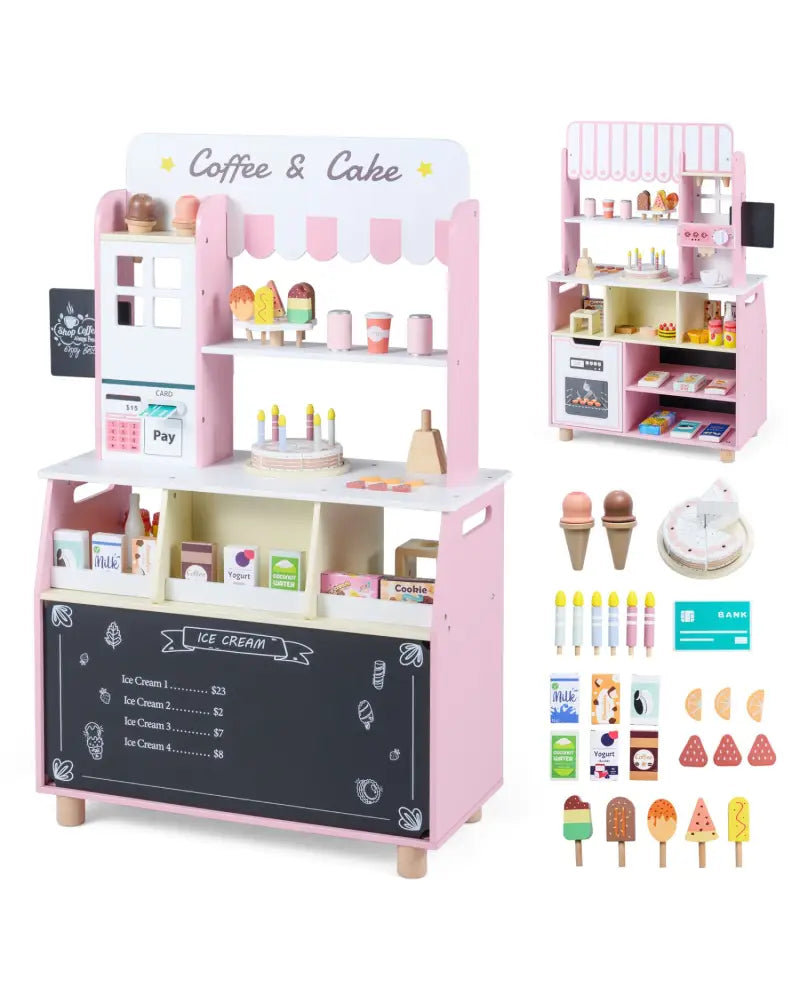 Kids Ice Cream Shop with 27 Accessories and Ice Cream Machine for Ages 3+-Pink - Pink - Play Kitchen Sets