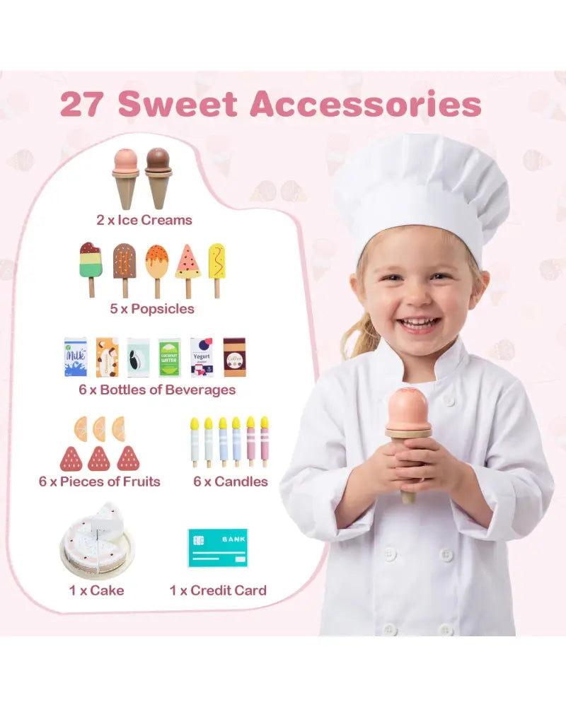 Kids Ice Cream Shop with 27 Accessories and Ice Cream Machine for Ages 3+-Pink - Pink - Play Kitchen Sets