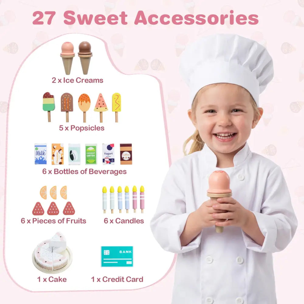 Kids Ice Cream Shop with 27 Accessories and Ice Cream Machine for Ages 3+-Pink - Pink - Play Kitchen Sets