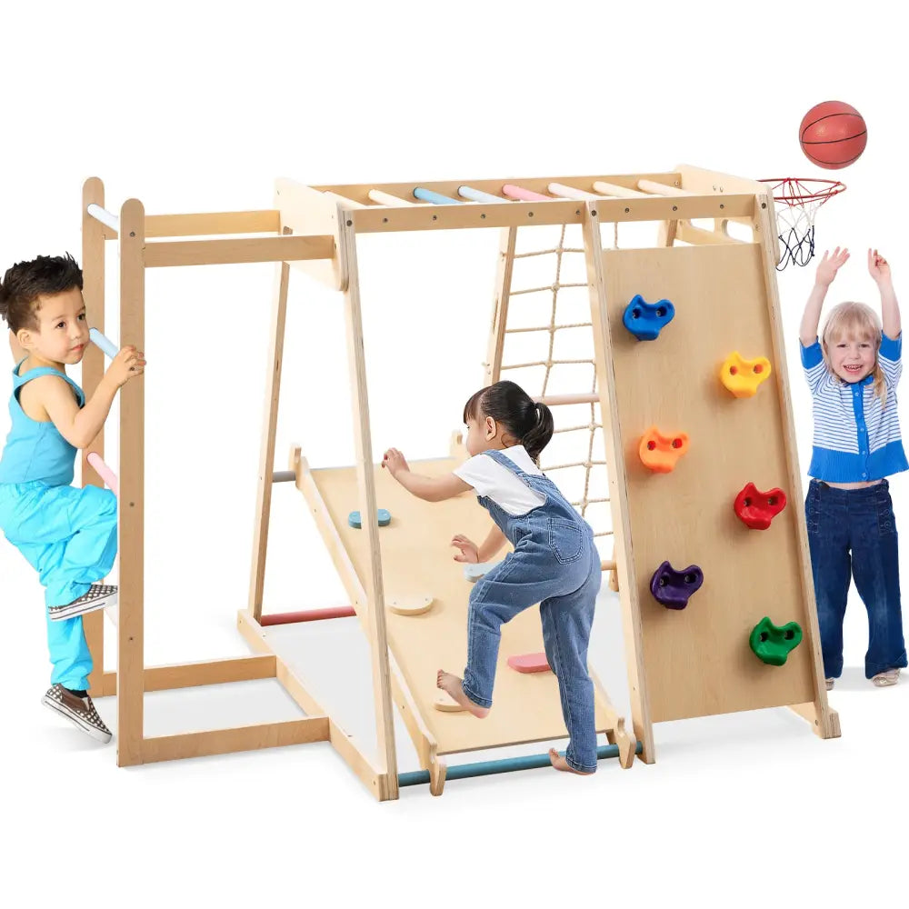 Kids Indoor Playground 6-in-1 Jungle Gym for 3-14 Years Olds-Macaron - Macaron - Climbers & Slides