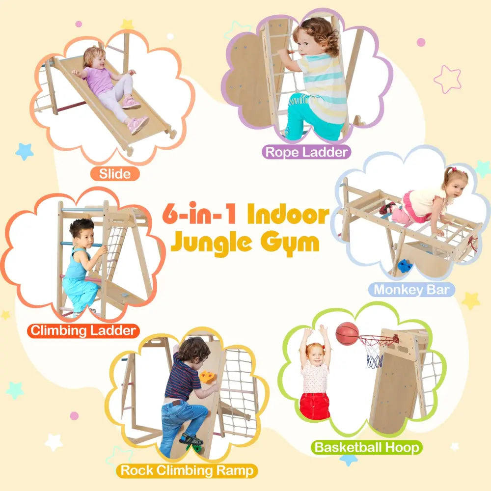 Kids Indoor Playground 6-in-1 Jungle Gym for 3-14 Years Olds-Macaron - Macaron - Climbers & Slides