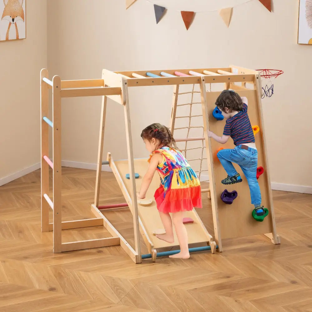 Kids Indoor Playground 6-in-1 Jungle Gym for 3-14 Years Olds-Macaron - Macaron - Climbers & Slides