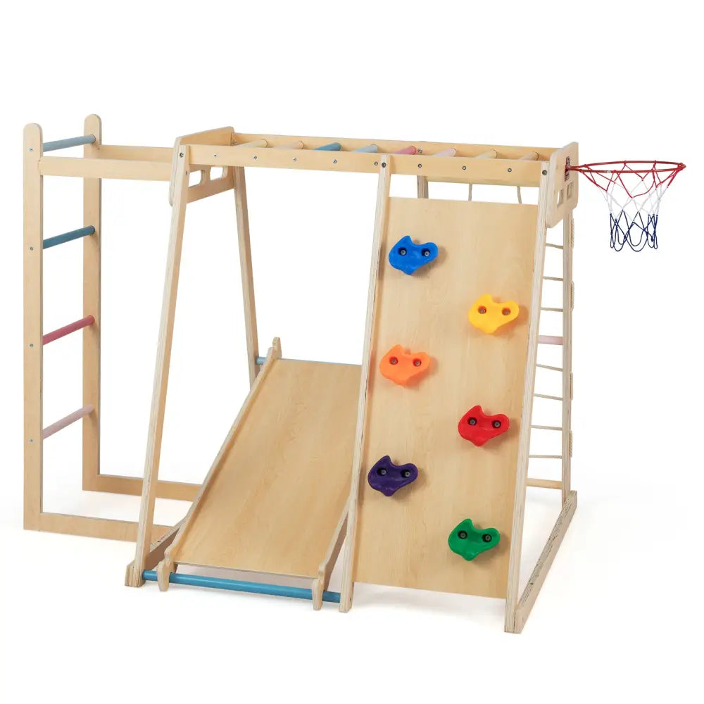 Kids Indoor Playground 6-in-1 Jungle Gym for 3-14 Years Olds-Macaron - Macaron - Climbers & Slides