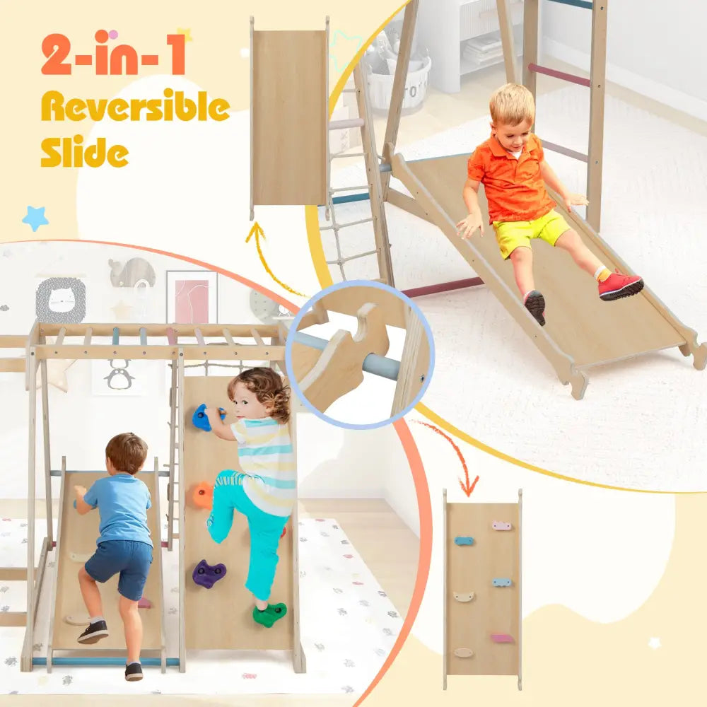 Kids Indoor Playground 6-in-1 Jungle Gym for 3-14 Years Olds-Macaron - Macaron - Climbers & Slides