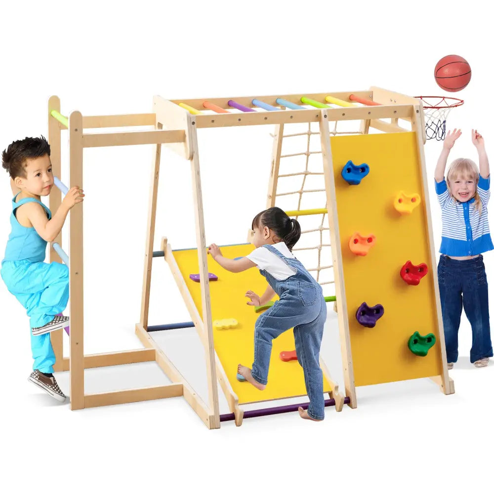Kids Indoor Playground 6-in-1 Jungle Gym for 3-14 Years Olds-Rainbow - Multicolor - Climbers & Slides