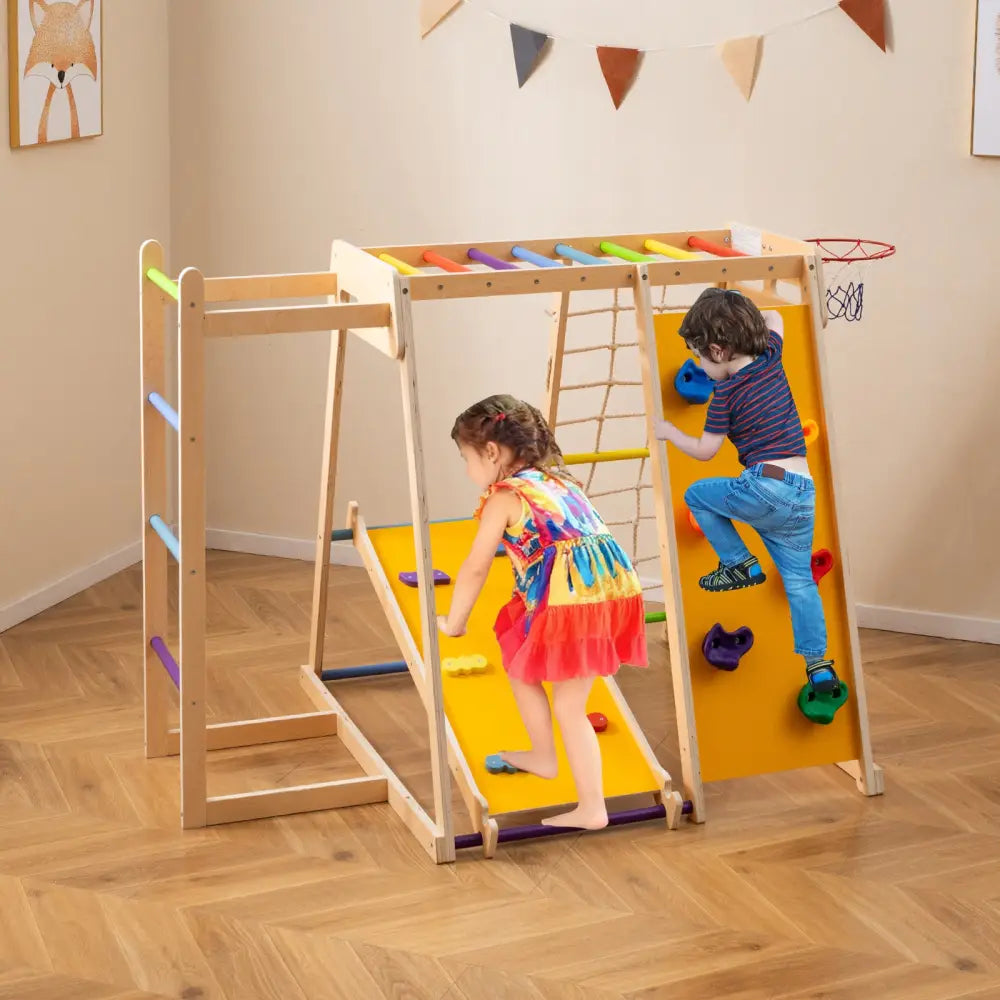 Kids Indoor Playground 6-in-1 Jungle Gym for 3-14 Years Olds-Rainbow - Multicolor - Climbers & Slides