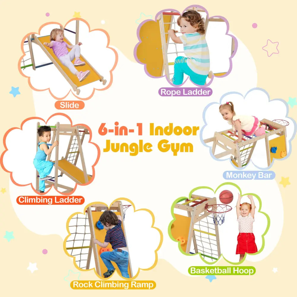 Kids Indoor Playground 6-in-1 Jungle Gym for 3-14 Years Olds-Rainbow - Multicolor - Climbers & Slides