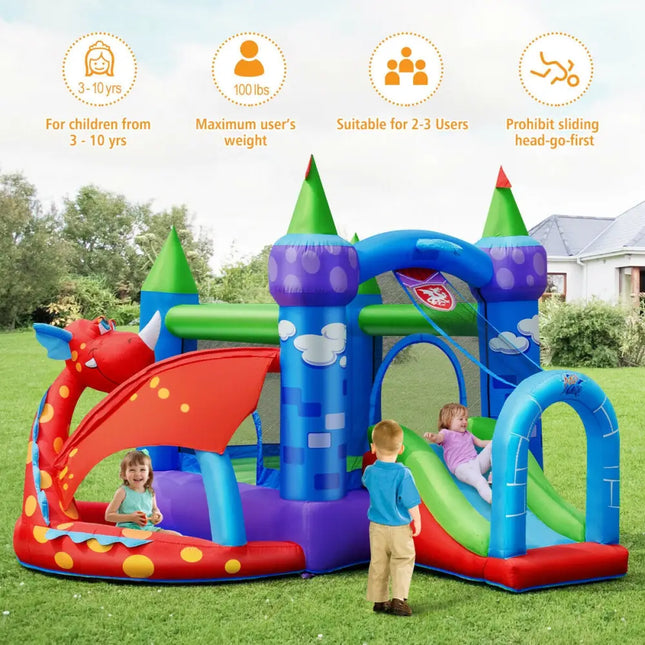 Kids Inflatable Bounce House Dragon Jumping Slide Bouncer Castle with 740W Blower - Bounce House