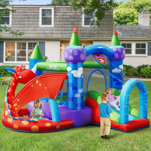 Kids Inflatable Bounce House Dragon Jumping Slide Bouncer Castle with 740W Blower - Bounce House