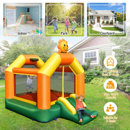Kids Inflatable Bounce House with Slide and Basketball Rim with 735W Blower - Yellow - Bounce House