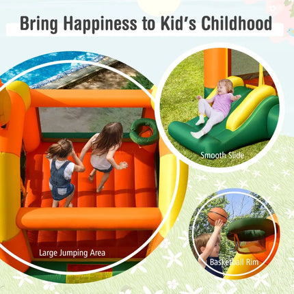Kids Inflatable Bounce House with Slide and Basketball Rim with 735W Blower - Yellow - Bounce House