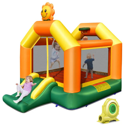 Kids Inflatable Bounce House with Slide and Basketball Rim with 735W Blower - Yellow - Bounce House