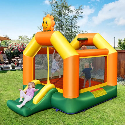 Kids Inflatable Bounce House with Slide and Basketball Rim with 735W Blower - Yellow - Bounce House
