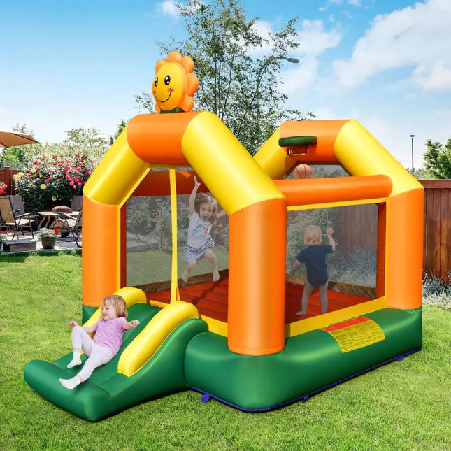 Kids Inflatable Bounce House with Slide and Basketball Rim with 735W Blower - Yellow - Bounce House